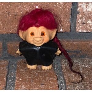 Vintage Russ Berrie Troll Doll Magenta Braided Hair Black Shirt 90s Toy